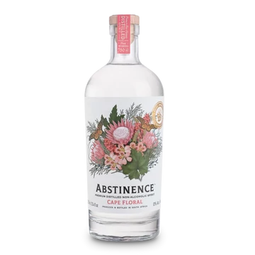 Átlátszó üvegben átlátszó ital, fehér címke gyümölcsökkel, Abstinence Cape Floral felirattal