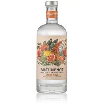 Átlátszó üvegben átlátszó ital, fehér címke gyümölcsökkel, Abstinence Cape Citrus felirattal