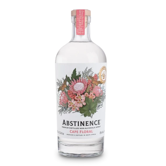 Átlátszó üvegben átlátszó ital, fehér címke gyümölcsökkel, Abstinence Cape Floral felirattal