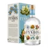 Átlátszó üveg átlátszó itallal, fehér címke virágokkal, Cape Fynbos Gin felirattal, mellette az ital kék-fehér doboza
